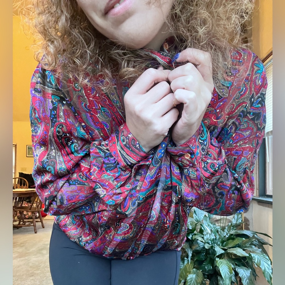 Vintage Unisex Silky Blouse size L Paisley Print Boho